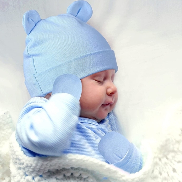 8 Pieces Newborn Baby beanies set Bear Ears Hats Mittens kit toddler No Scratch - Picture 3 of 3